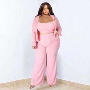 Plus Size Casual Solid Color Plus Size Pit Vest Jacket Pants Three-Piece Set